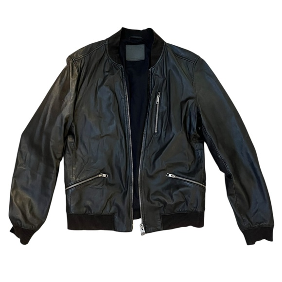 All Saints Men's Black Leather Utility Bomber Jacket size Large - Picture 2 of 4